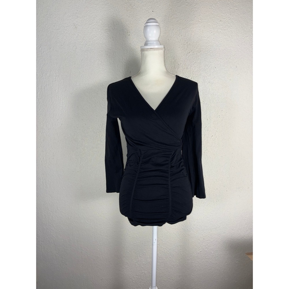 Tees by Tina Black Ruched Long Sleeve Surplice V-Neck Seamless Top One Size